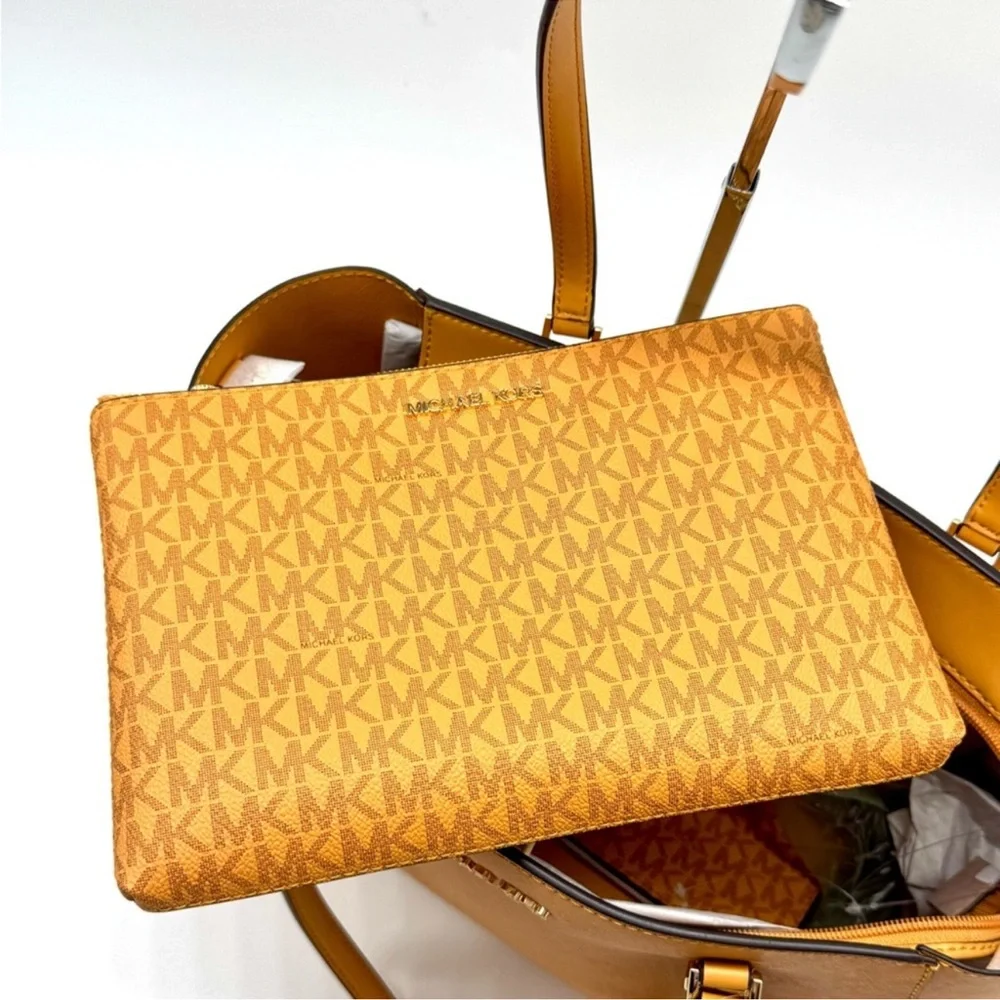 Michael Kors Charlotte LG Tote Bag 3 IN 1 Leather Tote Bag & Bifold Wallet Cider